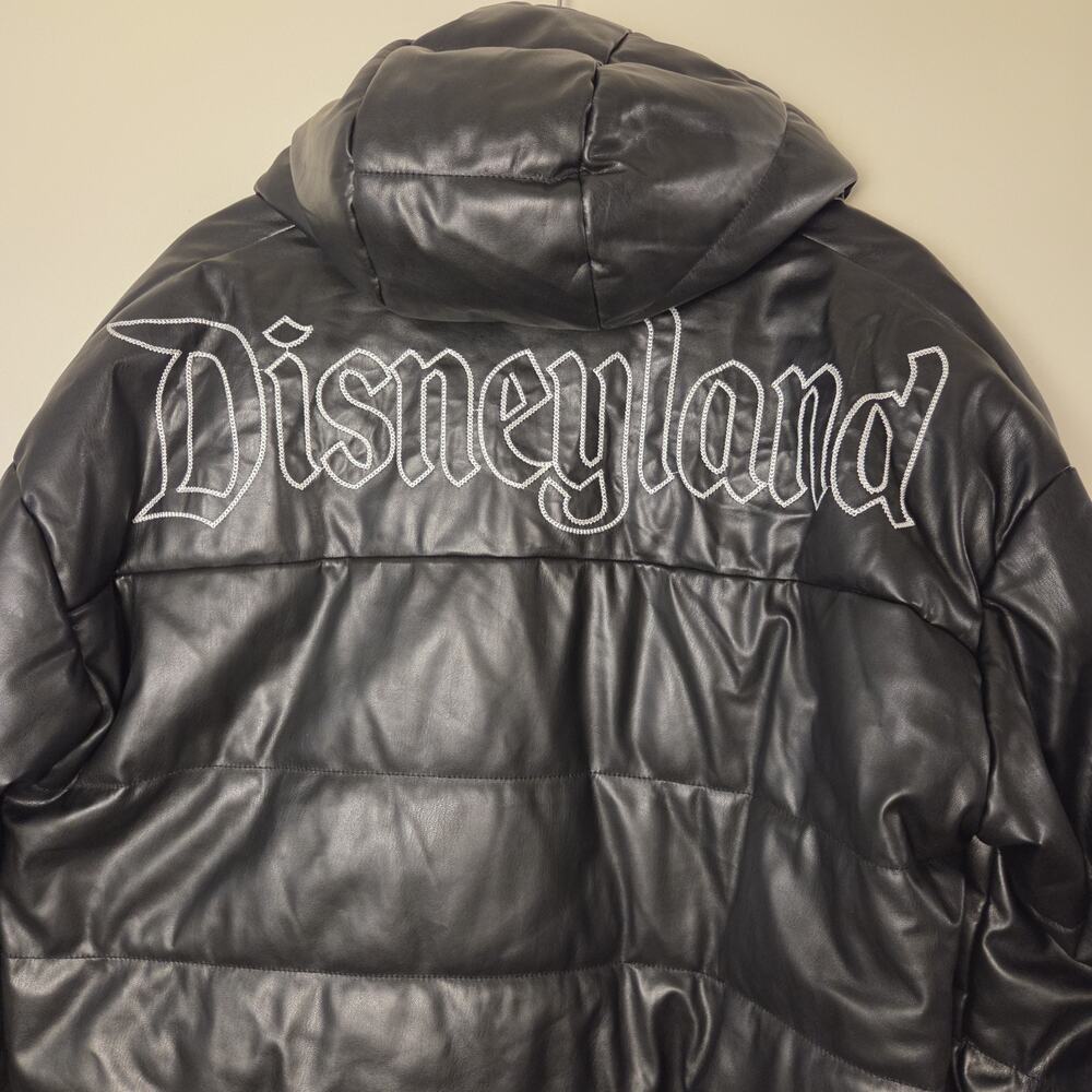 Disneyland Resort Black Faux Leather Puffer Jacket Hood Goth Font XL Unisex - Picture 9 of 13